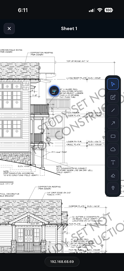 Portal Project on iPhone — blueprint view with device pin placement